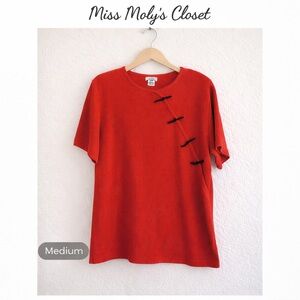 Vintage Teddi Red Knit Top Medium Asian Frog Closure Short Sleeve Retro Top